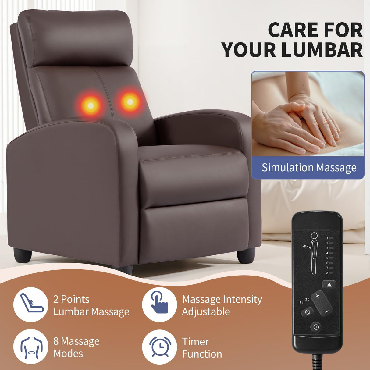 BestMassage | Recliner Chair | with 2 Point Massage Function | Leather Dark Brown | with Lumbar Support, Adjustable Push Back, Footrest & Padded Seat | Easy Assembly | for Living Room, Home Theatre BestMassage