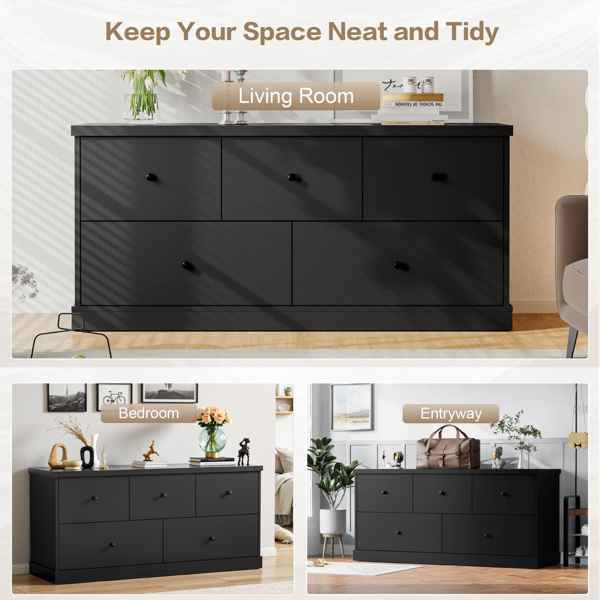 JUMMICO Dresser for Bedroom, Wide Chest of Drawers with 5 Wood Dresser Drawers, TV Stand, Modern Design for Bedroom, Living Room, Hallway, and Entryway (Black) JUMMICO