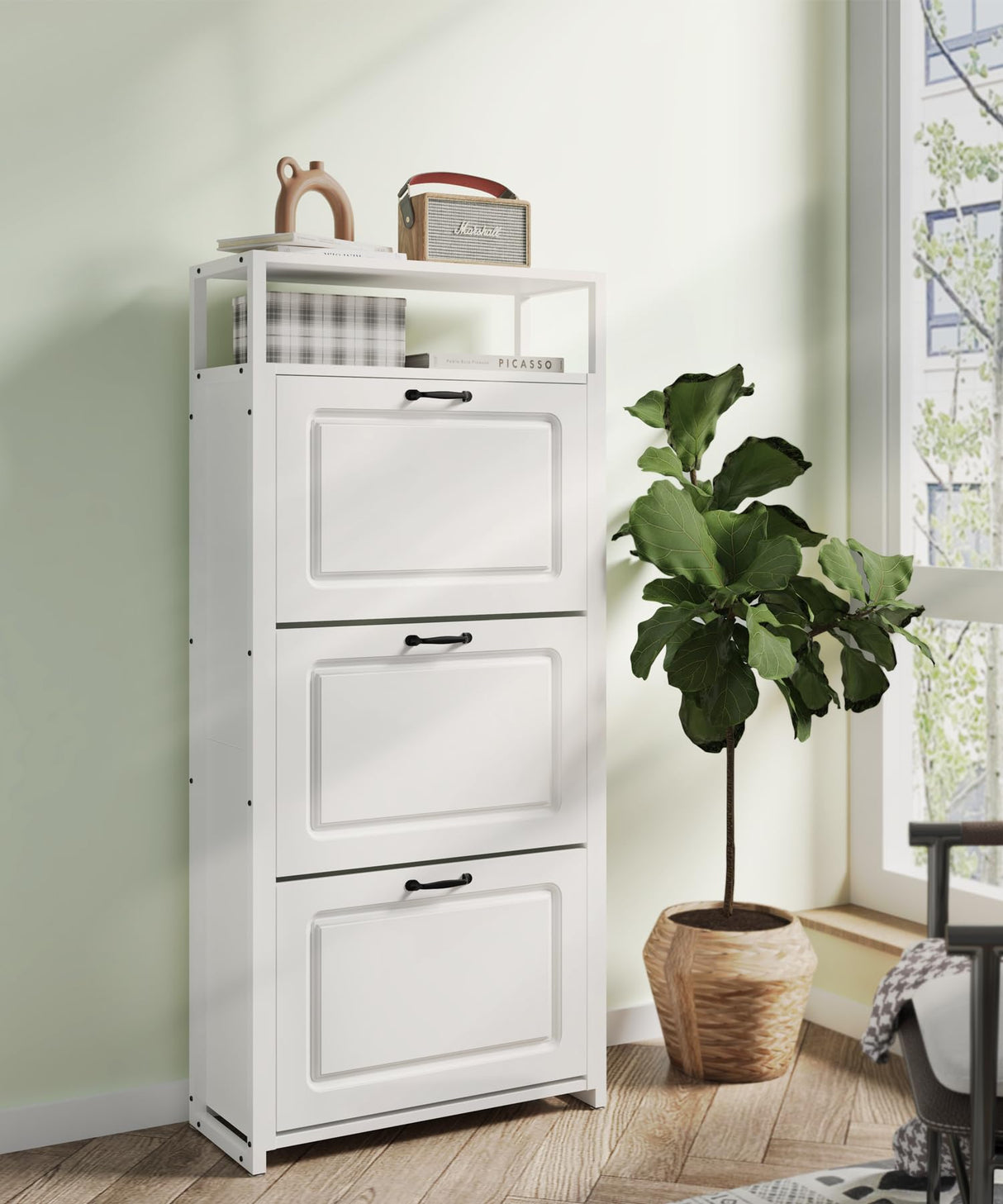 HAIOOU Shoe Cabinet with 3 Flip Drawers, Slim Wooden Shoe Rack Freestanding Storage Organizer Stand with 3 Flip Doors, Robust Metal Frame, Open Storage Shelf for 15-18 Pairs - White HAIOOU