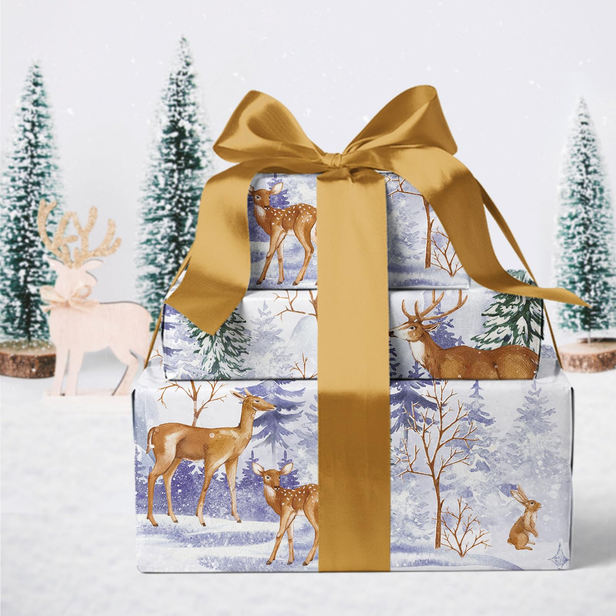 WRAPAHOLIC Kraft Christmas Wrapping Paper - Mini Roll - 17 Inch x 33 Feet - Watercolor Animal and Winter Forest Landscape Design for Christmas, Holiday, Party Celebration WRAPAHOLIC