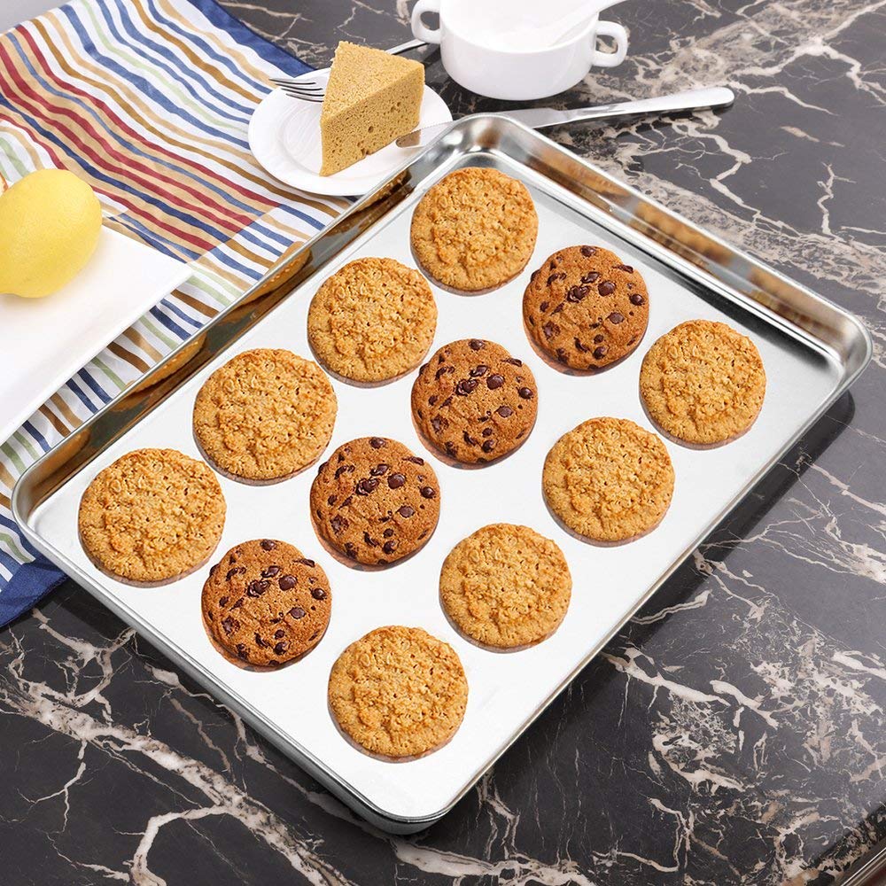 Wildone Baking Sheet Set of 2 - Stainless Steel Cookie Sheet Baking Pan, Size 16 x 12 x 1 inch, Non Toxic & Heavy Duty & Mirror Finish & Rust Free & Easy Clean Wildone