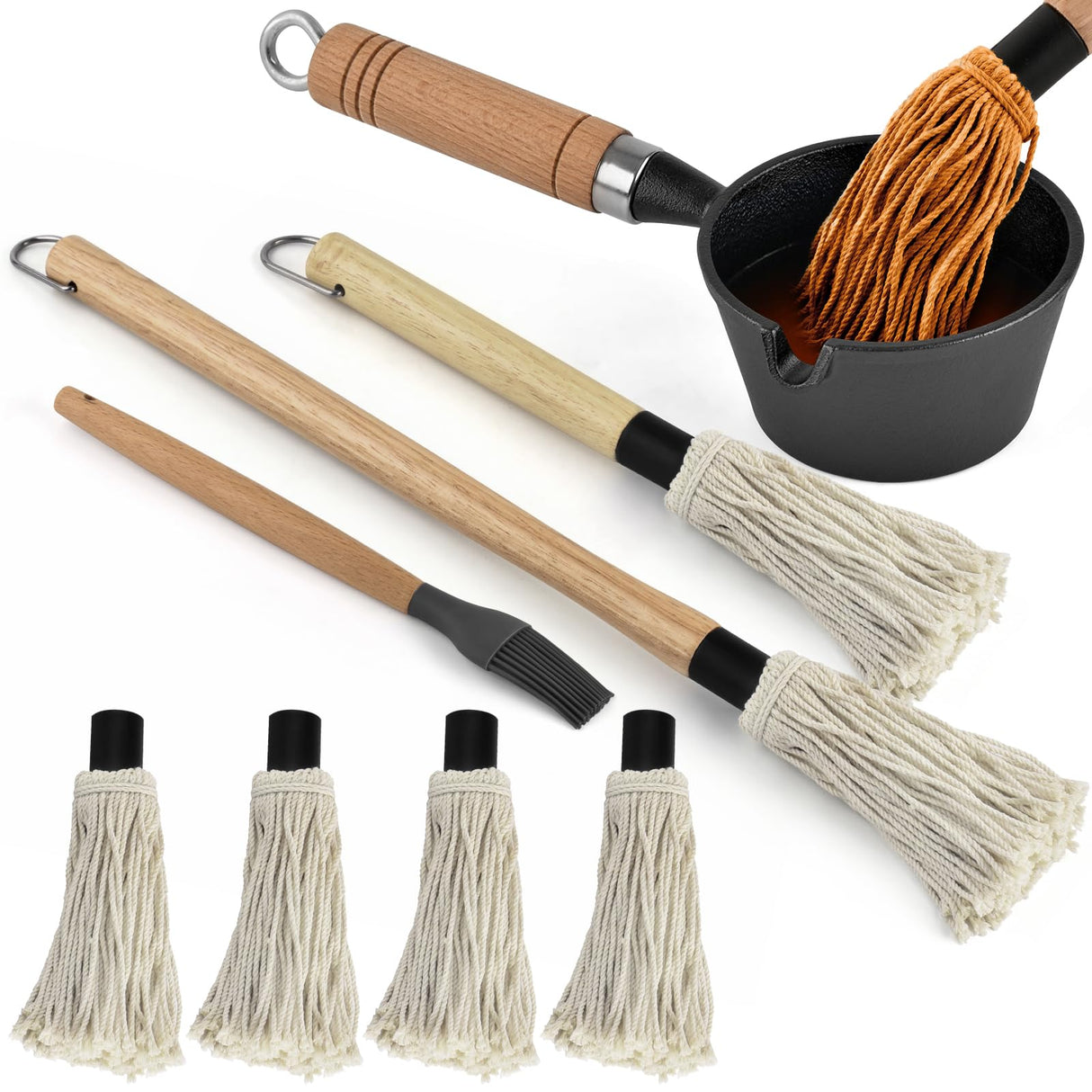 BBQ Mop Brush and Cast Iron Sauce Pot Set, 8Pcs Barbecue Accessories Include Basting Melting Pot, 2 Size Wooden Handle Sauce Mops with 4Pcs Replacements and Oil Brush for Meat Smoker, Grill, Stove PACETAP