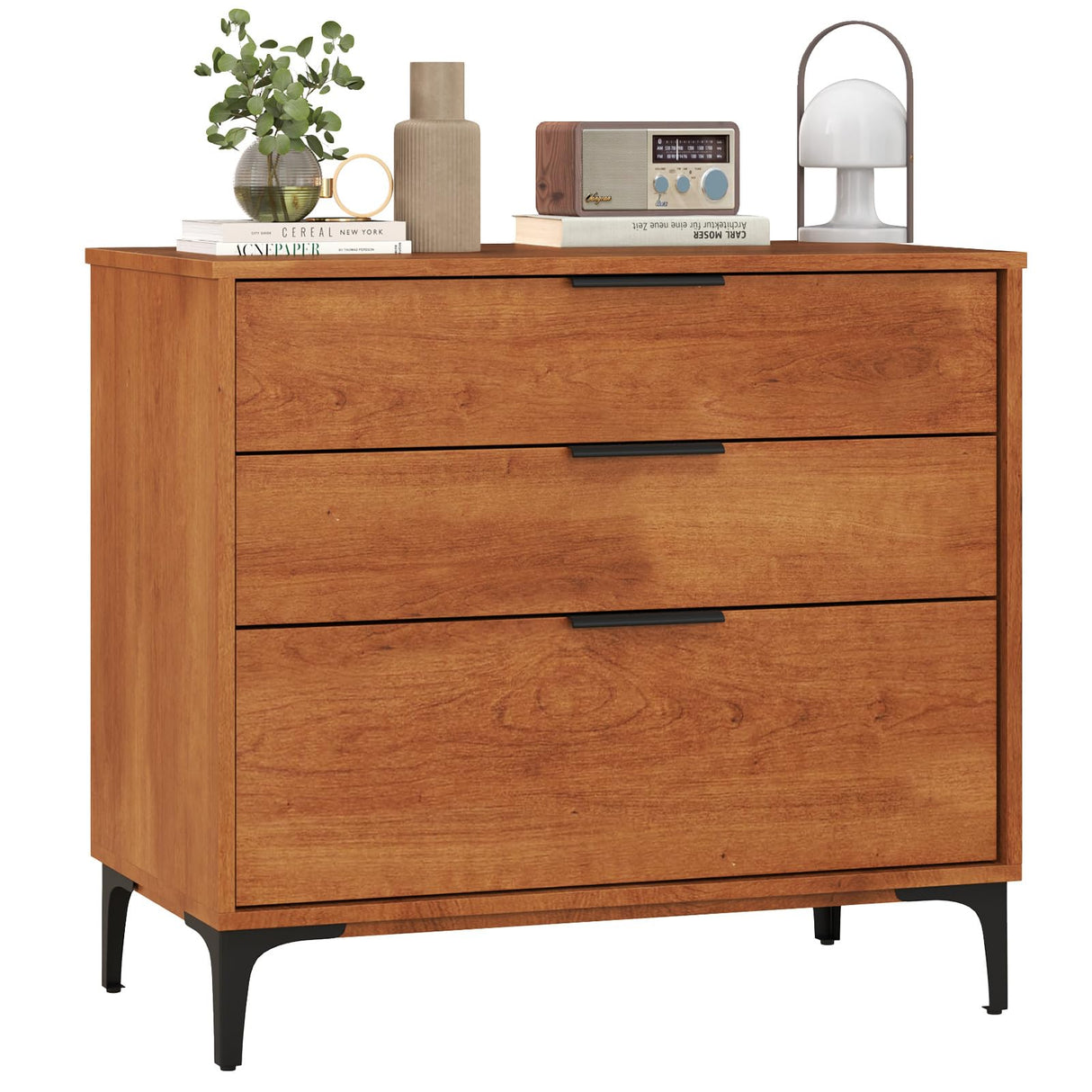 Giantex 3-Drawer Dresser for Bedroom, Multipurpose Chest of Drawers, Mid-Century Modern Storage Cabinet with Anti-Tip Kit, Clothes Organizer, 30”W Nightstand for Closet, Living Room, Entryway, Cherry Giantex