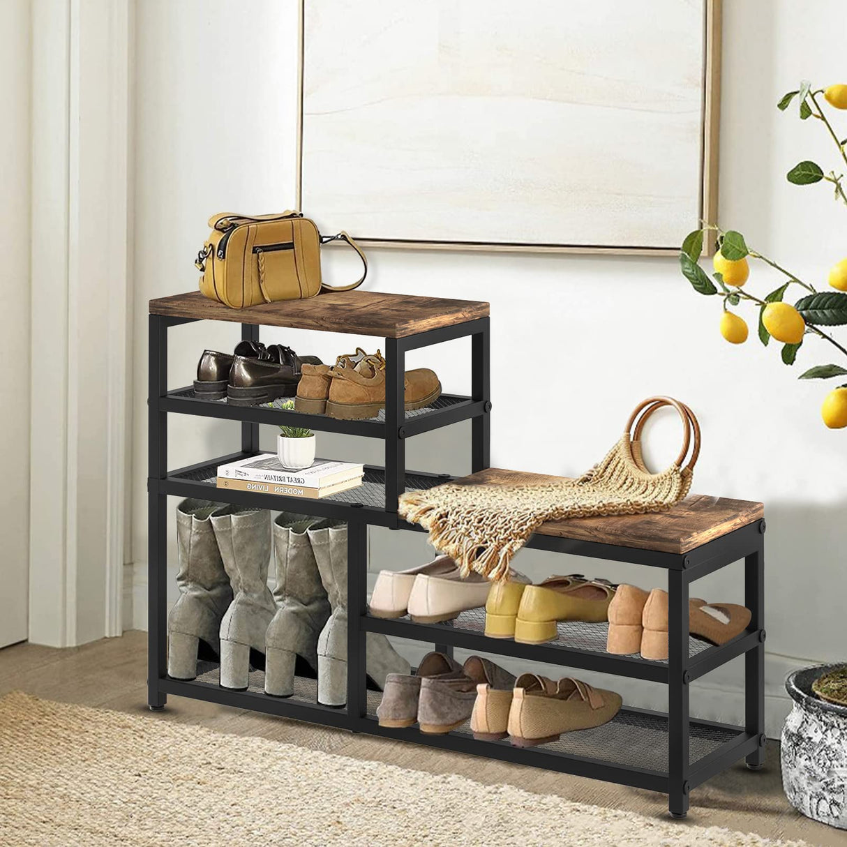 Shoe Rack Bench Shoe Storage Organizer with Seat, 5-Tier Industrial Free Standing Shoe Rack for Entryway, Narrow Shoe Rack Organizer Shelves for High Heels, Entryways, Hallways, Closets,Brown Katrawu