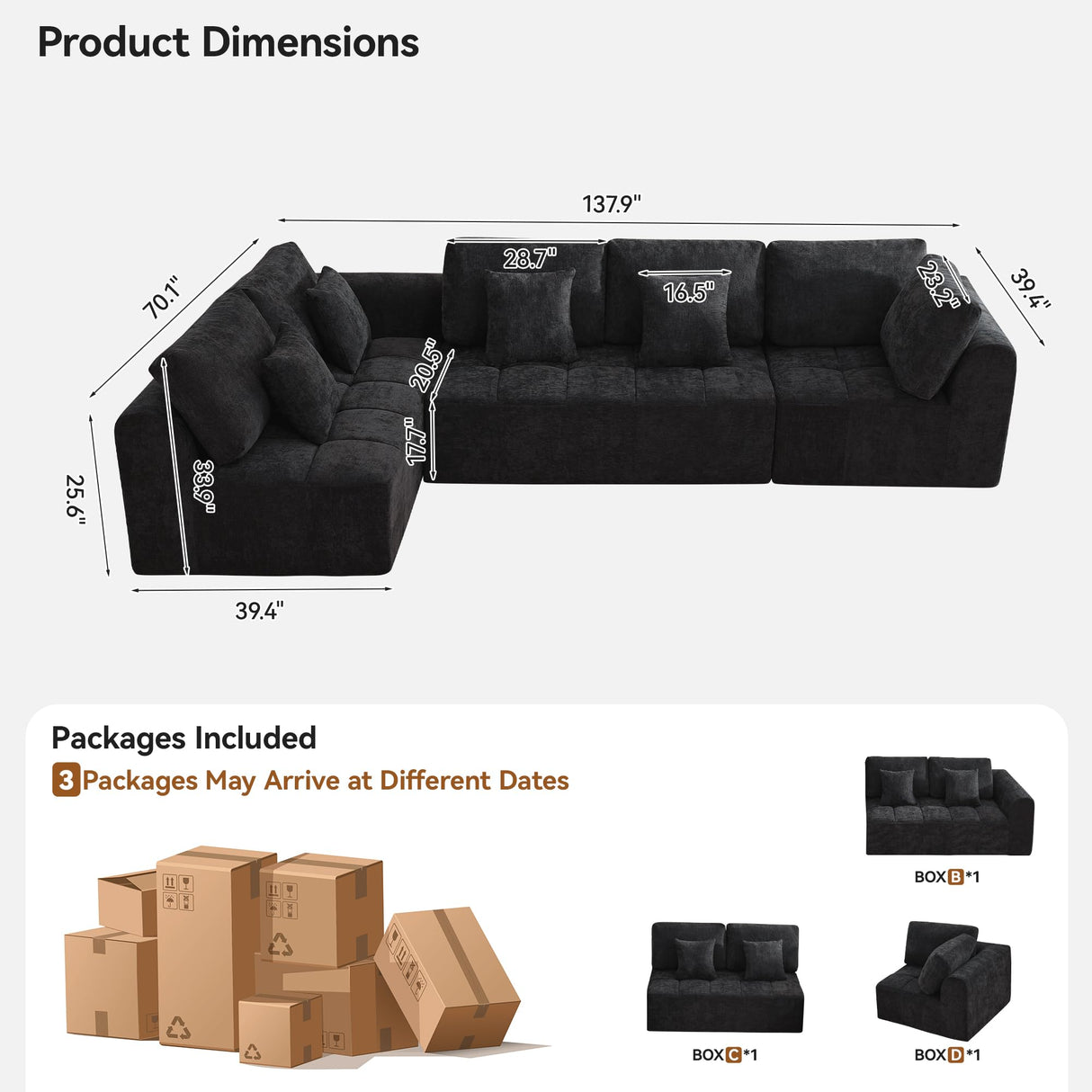 140''Modular Sectional Couches for Living Room, Cloud Boneless Compressed Sectional Sofa, Oversized L Shaped 5 Seater Upholstered Memory Foam Sofa, No Assembly, Chenille Black WUTUTUEE