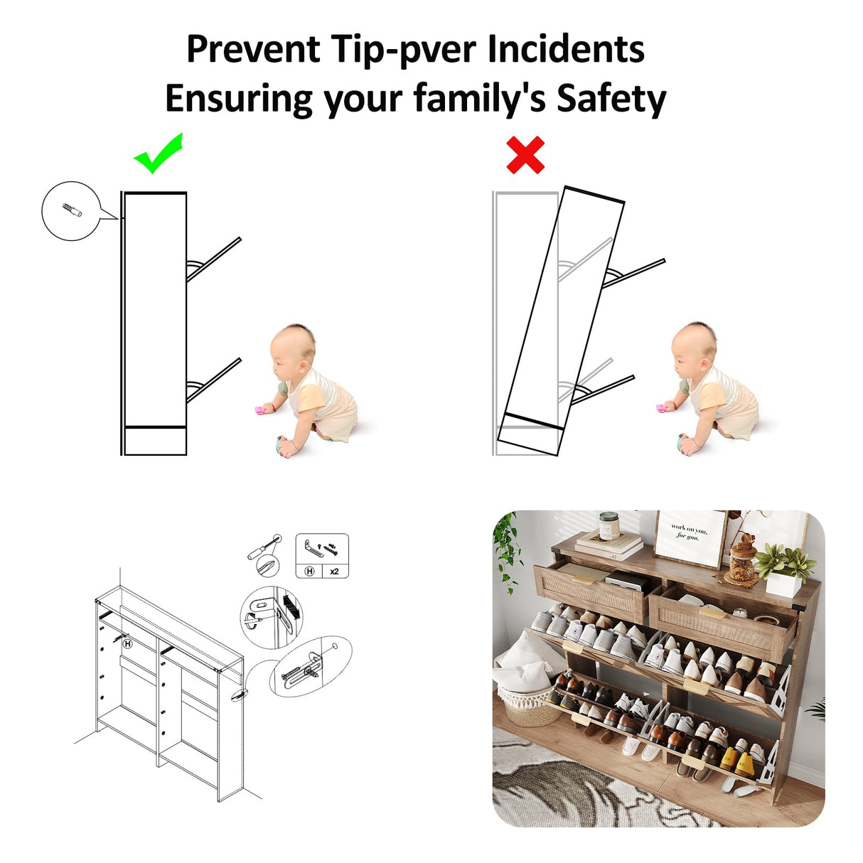 Halitaa Shoe Cabinet with 4 Flip Drawers & 2 Drawers,Farmhouse Shoe Storage Cabinet for Entryway,Slim Freestanding Organizer Rack for Front Door Entrance,Rustic Oak Rattan Halitaa