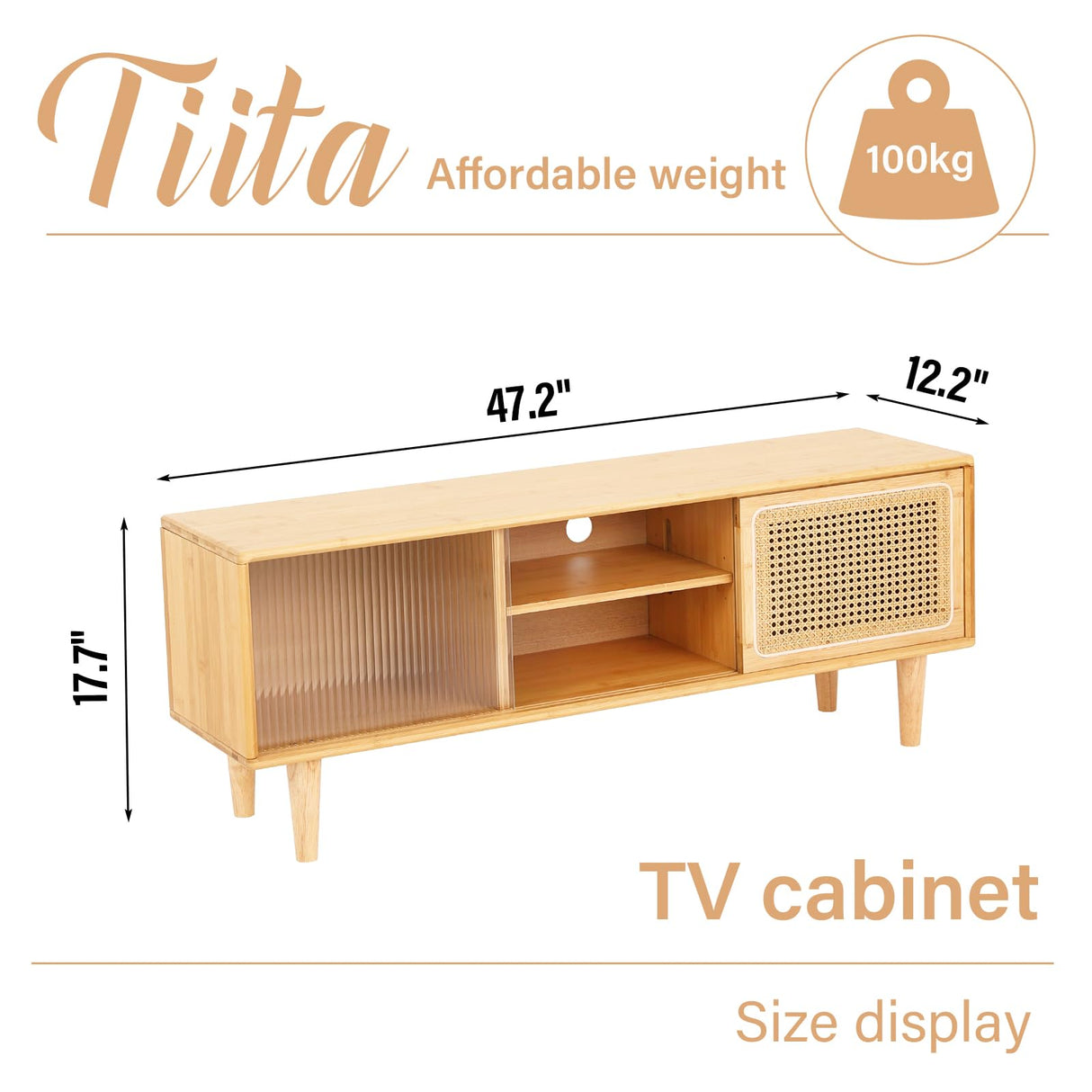 Tiita Rattan TV Stand for 55 Inch TV, Bamboo TV Cabinet with Adjustable Shelf and Storage, Boho Entertainment Center, Mid Century Modern Media Console for Bedroom, Living Room, Study (Natural) Tiita
