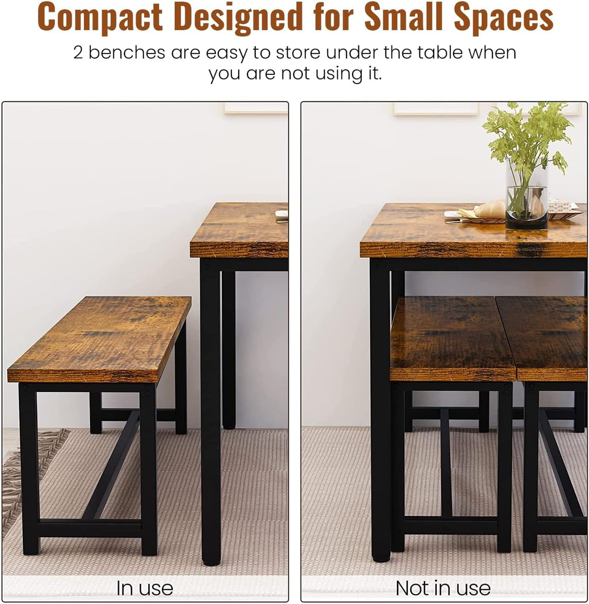 Recaceik Dining Table Set for 4, Kitchen Table Set with 2 Benches, 3 Piece Dining Room Table Set, Modern Wood Kitchen Table and Chairs for Small Spaces, Kitchen,Dining Room, Restaurant, Rustic Brown Recaceik