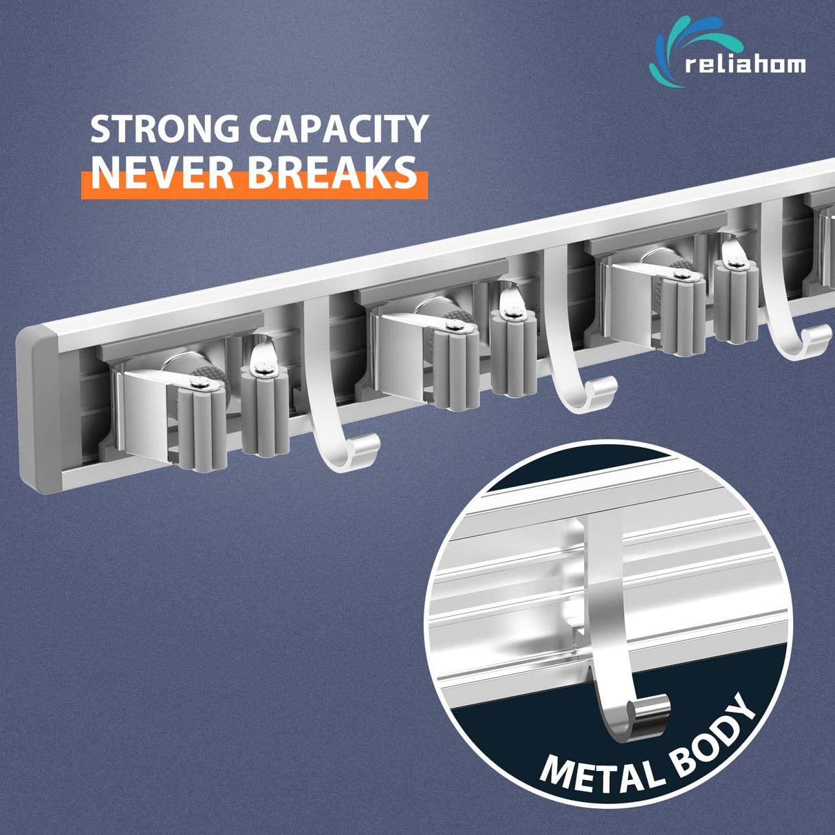 reliahom 2 Pack Broom Holder Wall Mount Mop and Broom Hanger Wall Mounted Garage Storage Rack Kitchen Garden Tool Organizer (5 Racks with 4 Hooks, Silver) reliahom