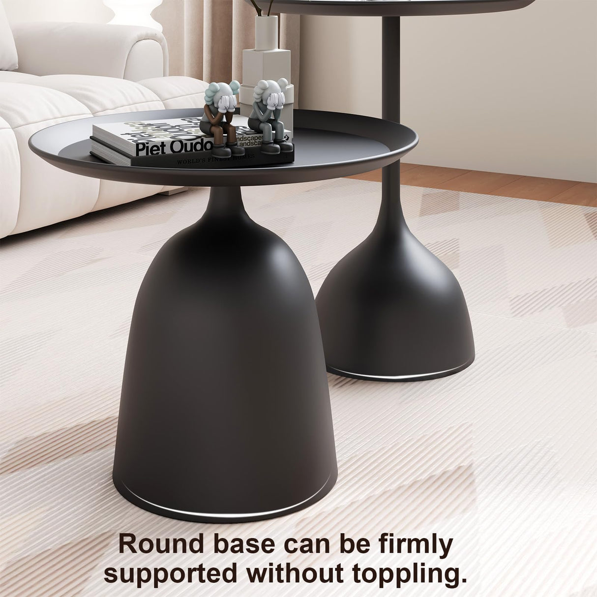 Round Coffee Table and End Table Sets for Living Room, Black Modern Side Table, Nesting Coffee Table Set of 2, Funky Metal Accent Table for Bedside, Fluted Small Nested Coffee Tables with Pedestal Recximi