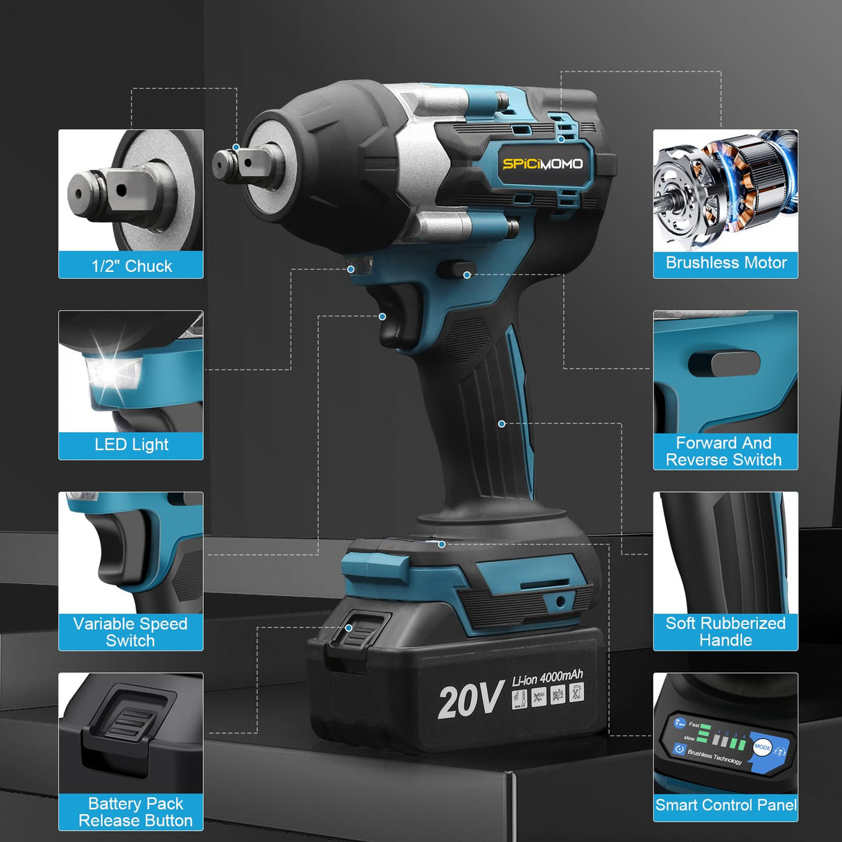 SPICIMOMO Cordless Impact Wrench 1/2 Inch for Car, 20V Brushless Power Impact Gun 600N.m(443Ft-lbs) with 2 Packs 4.0Ah Batteries, High Torque Electric Impact Driver for Mechanic, Mechanical Engineer SPICIMOMO