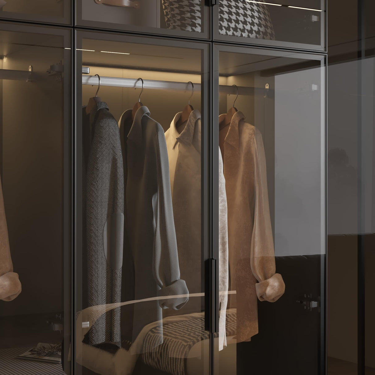 Hitow Wardrobe Cabinet with LED Light Strips, Modern Armoire Closet with Glass Doors, 59.1" W Large Bedroom Armoire Clothes Organizer with Shelve & Hanging Rods, Modern Glass Display Cabinet, Black Hitow