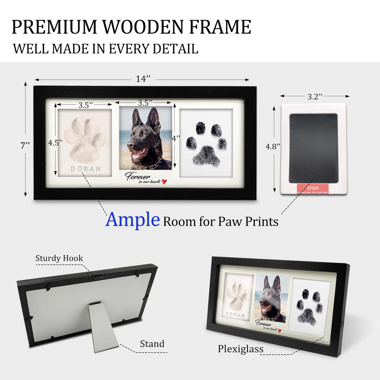MYPAWLETS Paw Print Frame Kit,Dog/Cat Paw Print Kit,Soft Pawprint Clay&Clean Touch Ink Pad,Pet Paw Print Impression Kit with Customization Tool,Wooden Pet Memorial Frame,DIY Dog Lover Gifts-Black MYPAWLETS