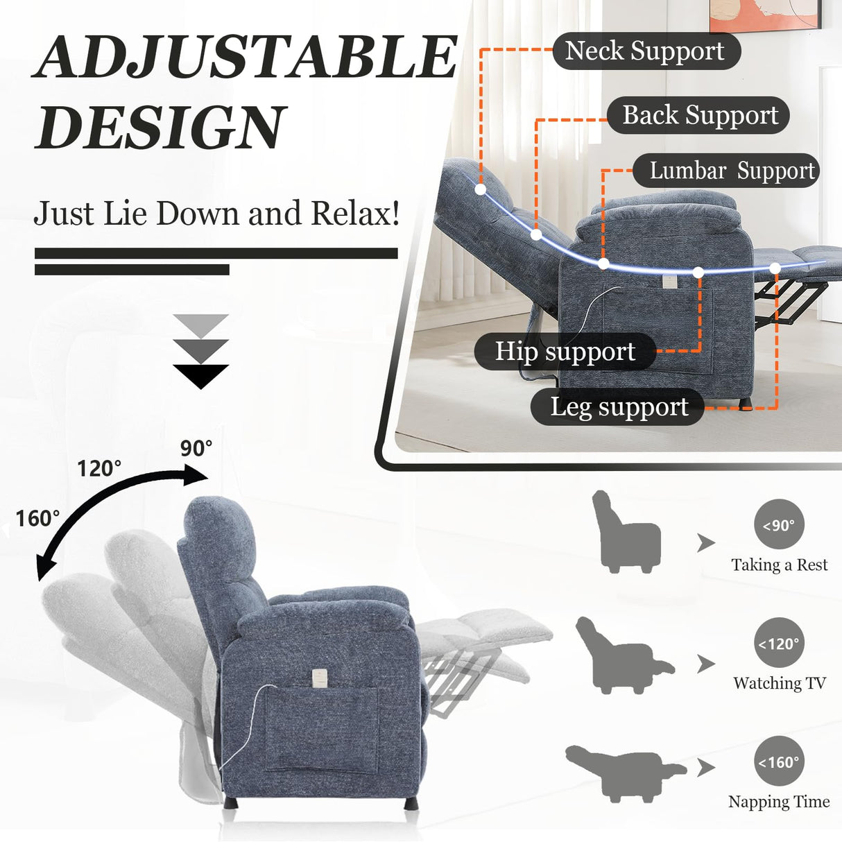 Chenille Power Recliner Chair for Living Room Bedroom|Electric|Remote Control|Side Pockets|Small|Adults (Blue) Anwick