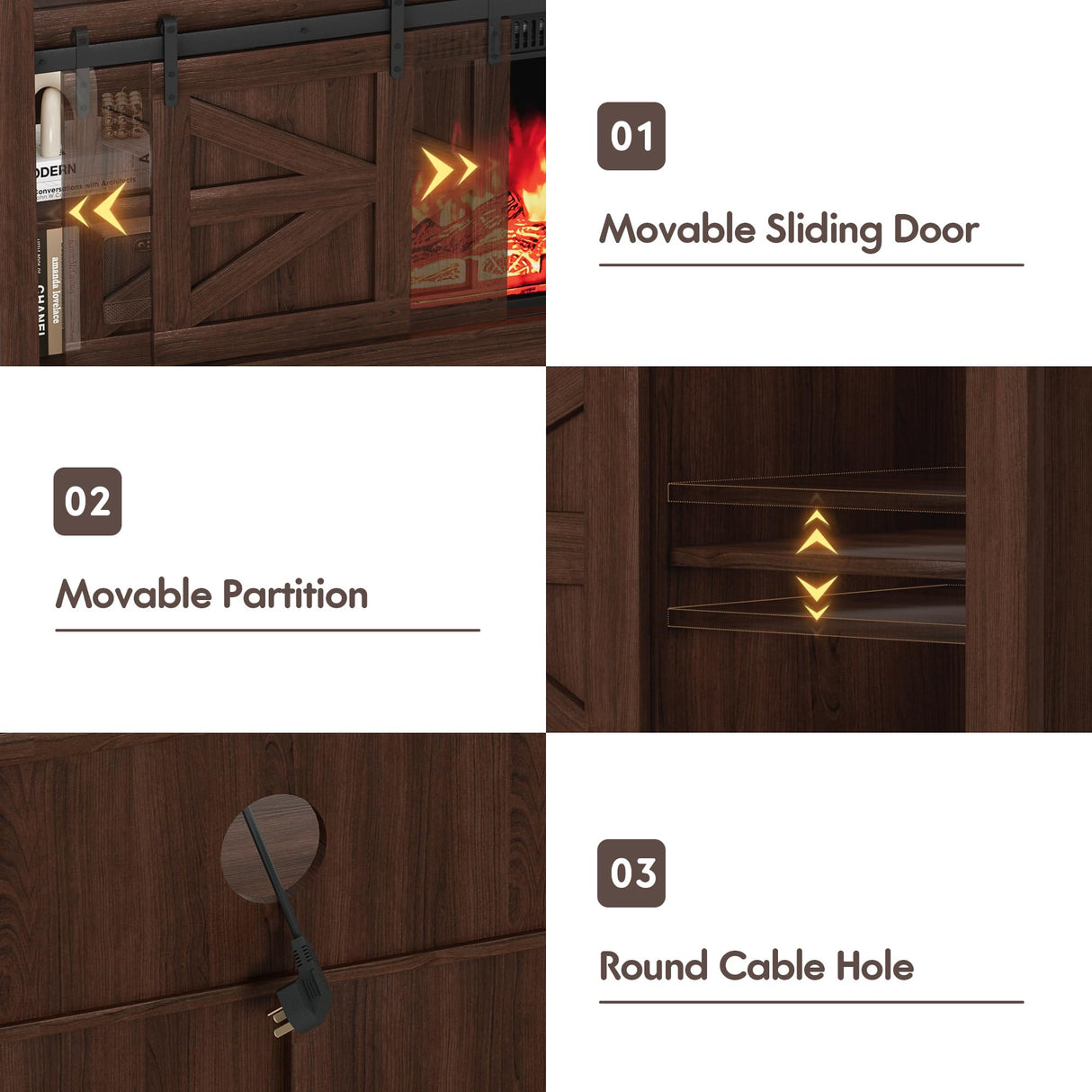 Furniwell Electric Fireplace TV Stand for TVs up to 65", Media Entertainment Center with 26” Fireplace, Farmhouse Console with Sliding Barn Door and Adjustable Storage Shelves for Living Room (Brown) Furniwell