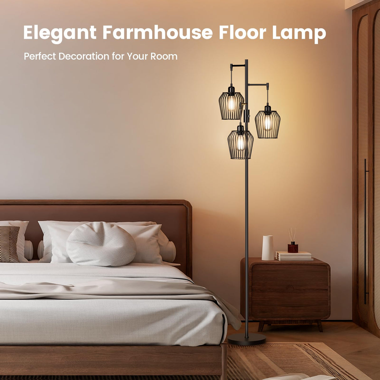 SIBRILLE Dimmable Floor Lamp, Farmhouse Industrial Floor Lamp with Elegant Cage & 3 x 1000LM LED Bulbs, Tall Standing Lamp Modern Floor Lamp Black Tree Floor Lamps for Living Room Bedroom Office SIBRILLE