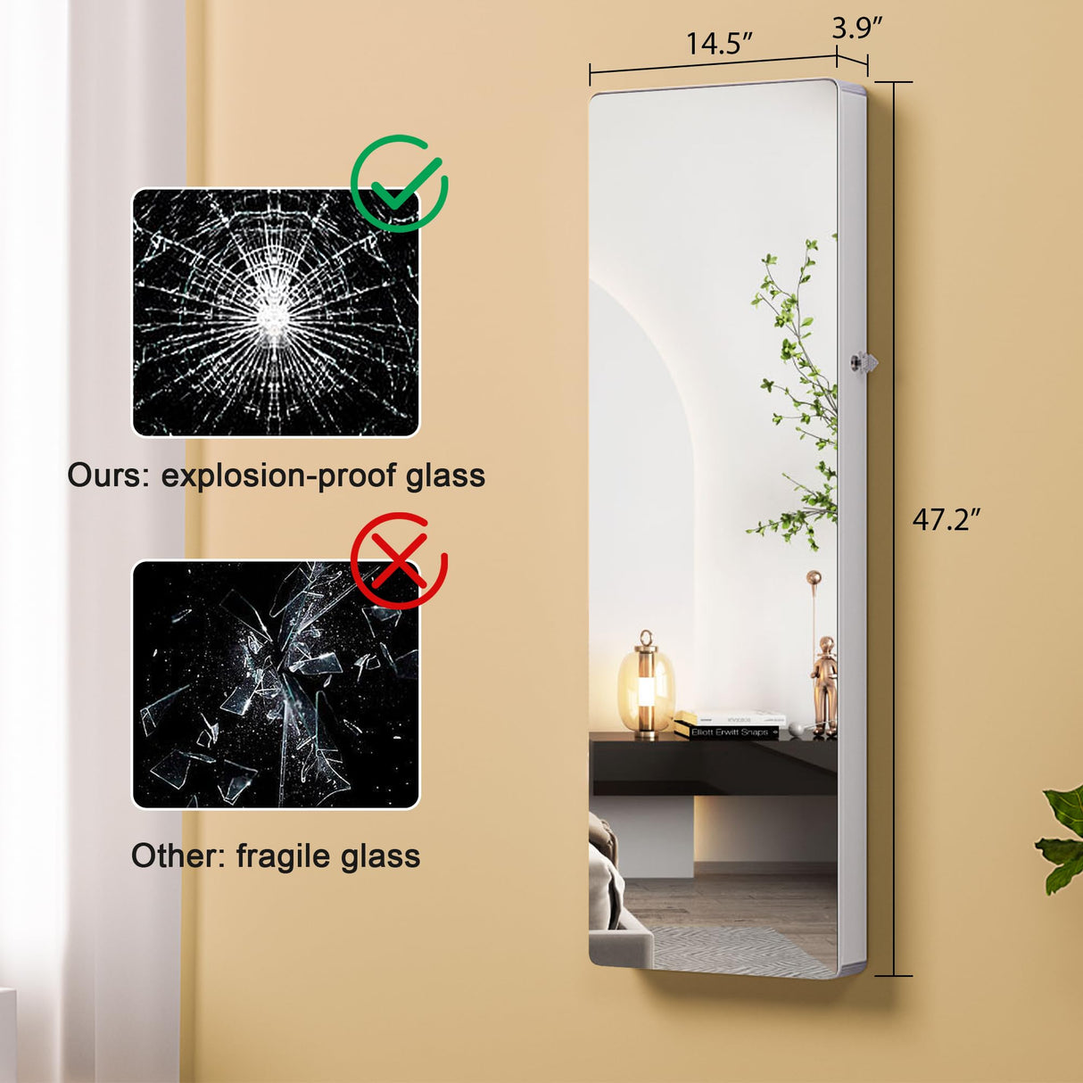 HNEBC LED Mirror Jewelry Cabinet,47.2" Wall Mounted Jewelry Organizer with Full-Length Mirror,Over The Door Hanging Jewelry Armoire Storage Cabinet,Folding Dresser,2 Drawers,Lockable, 3 Shelves(White) HNEBC