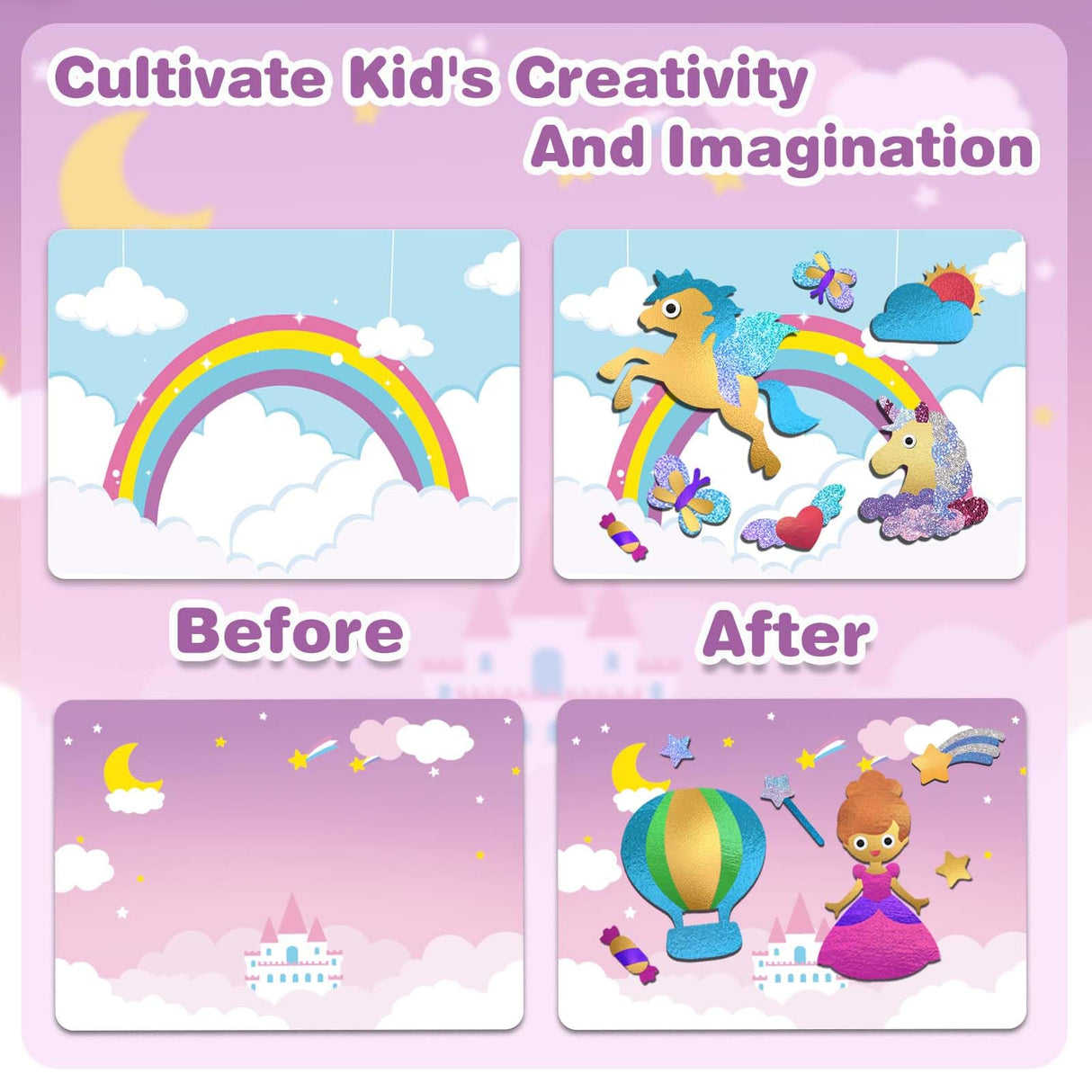 SOOVSY 200 Sheets Princesses & Unicorns Foil Art Fun Kit for Kids, Foil Art Craft DIY Creative Activity Gift Travel Toys for 4 5 6 7 8 9 Years Old Kids Girls Boys(Unicorns & Princesses) SOOVSY