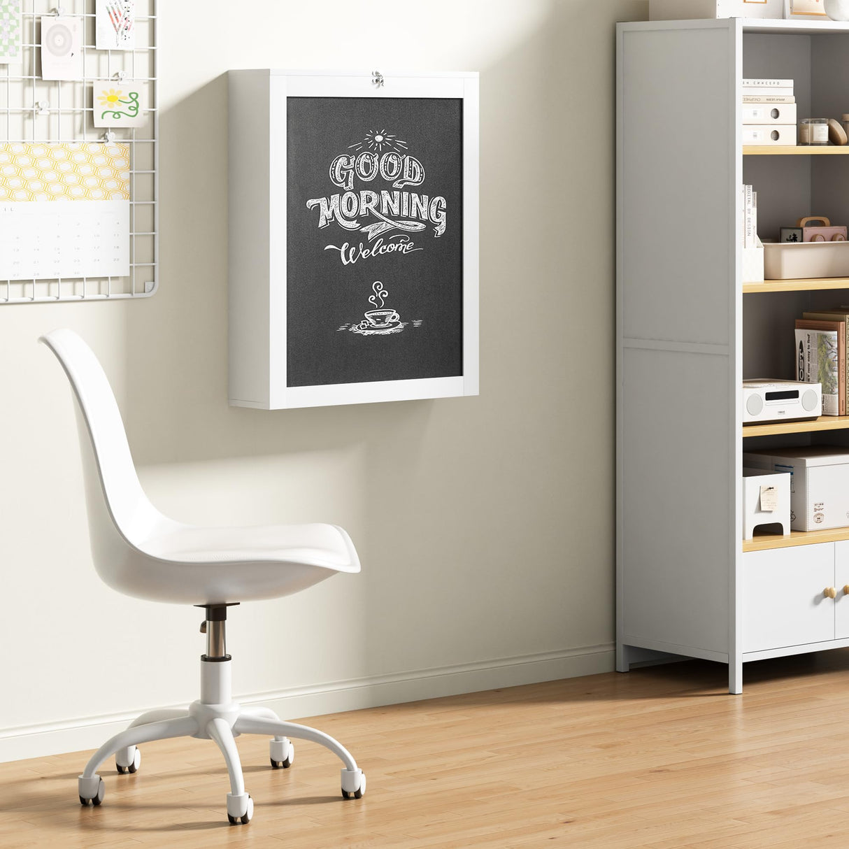 JAXPETY Wall Mounted Fold Out Desk with Storage Shelves Convertible Floating Desk Space Saving Wall Mount Table with Blackboard, White JAXPETY