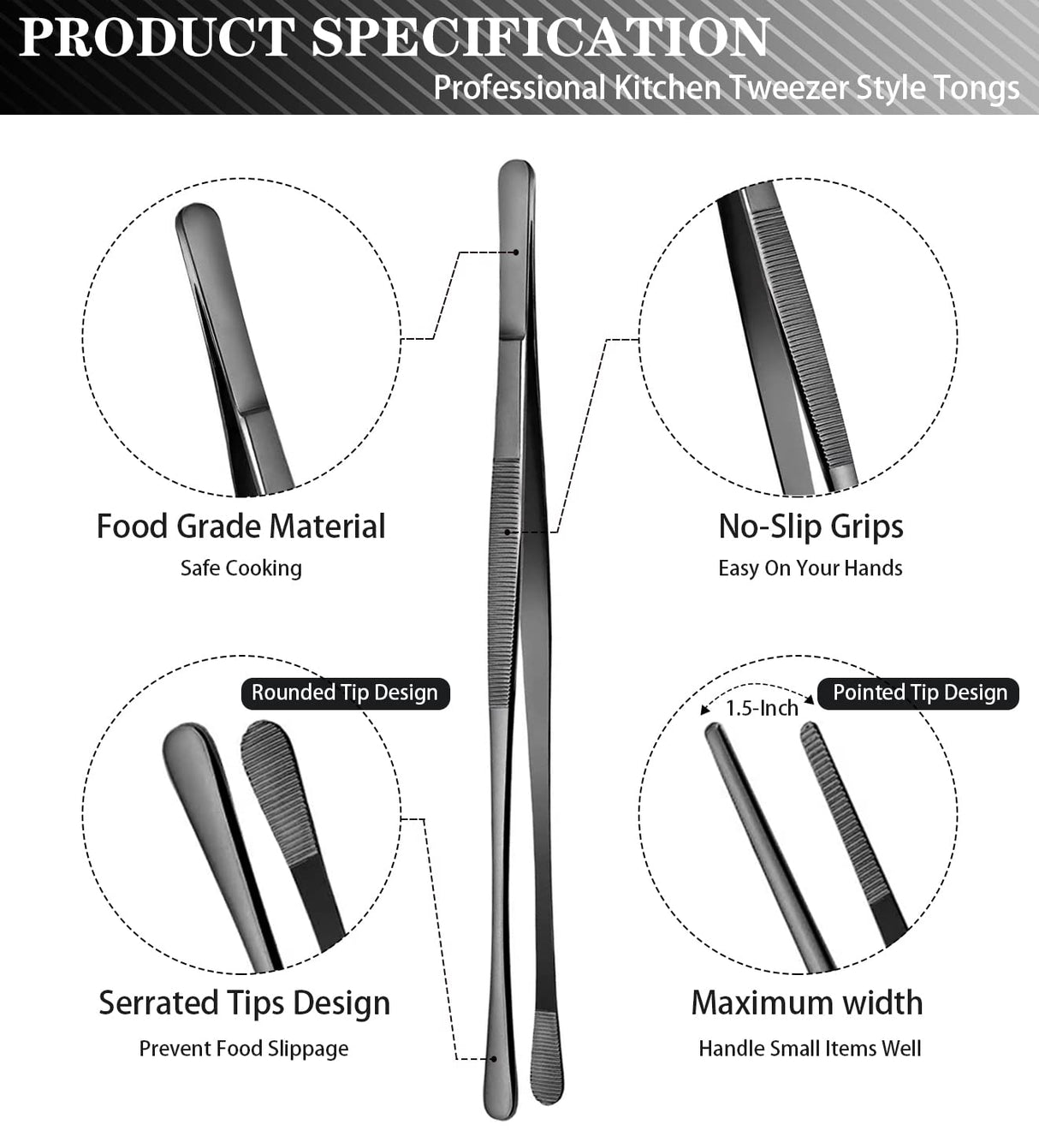 JETKONG 2 Pcs 12-Inch Kitchen Tweezers Tongs with Precision Serrated Tips, Stainless Steel Chef Tweezer Professional Cooking Tweezers for BBQ, Plating and Serving (12-Inch, Black) JETKONG