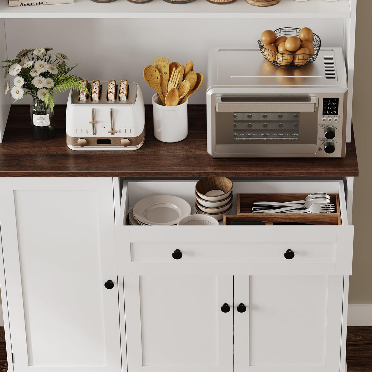 Hasuit 71.6" Tall Kitchen Pantry Storage Cabinet, Modern Kitchen Hutch Cabinet with Doors and Shelves, Freestanding Food Pantry with Large Storage Drawer for Dining Room, Living Room, White Hasuit