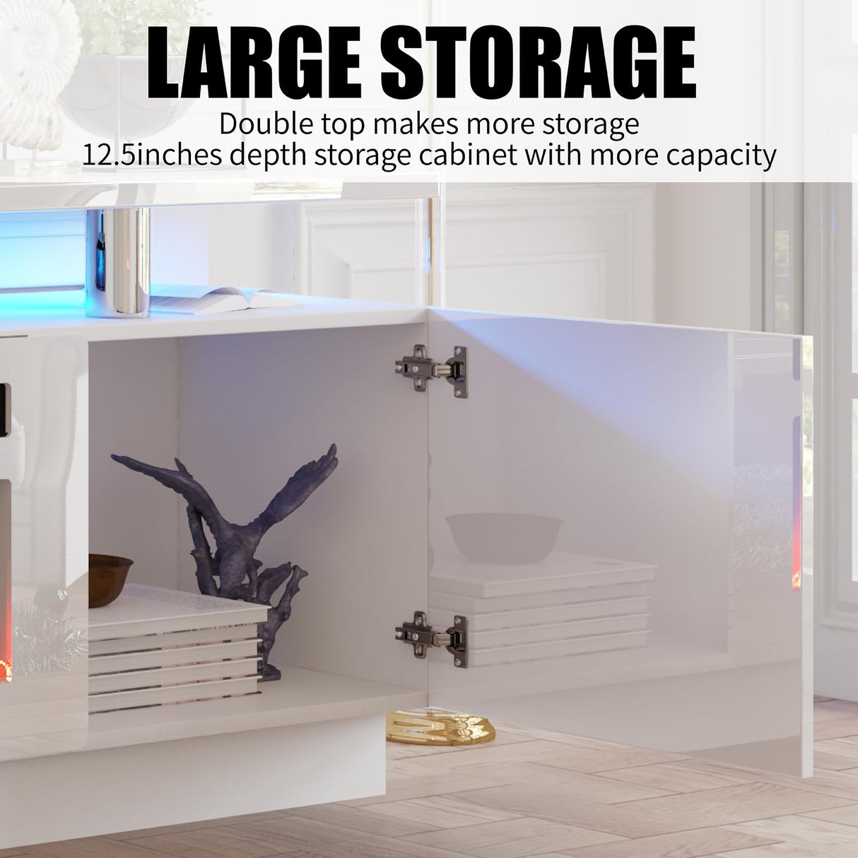 AMERLIFE Fireplace TV Stand with 36" White Fireplace, 70" Modern High Gloss Fireplace Entertainment Center LED Lights, 2 Tier TV Console Cabinet for TVs Up to 80", White & White AMERLIFE