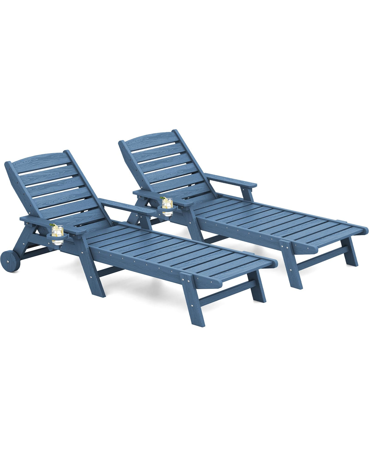 SERWALL Patio Chaise Lounge Chair Set of 2, 5 Positions Adjustable HDPE Outdoor Lounge Chair for Pool, Poly Lounge Chair with Rolling Wheels & Cup Holder for Poolside, Deck, Blue SERWALL