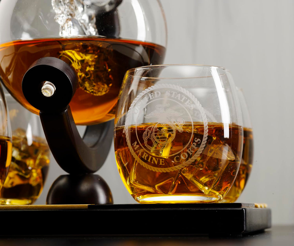 U.S. Marine Globe Whiskey Decanter Set with 4 Liquor Glasses - Wood Flag Base Marine Veteran Gift Set - Navy Gifts Men, Dad, U.S.A Flag - Bourbon & Scotch Military Gift for Father The Wine Savant
