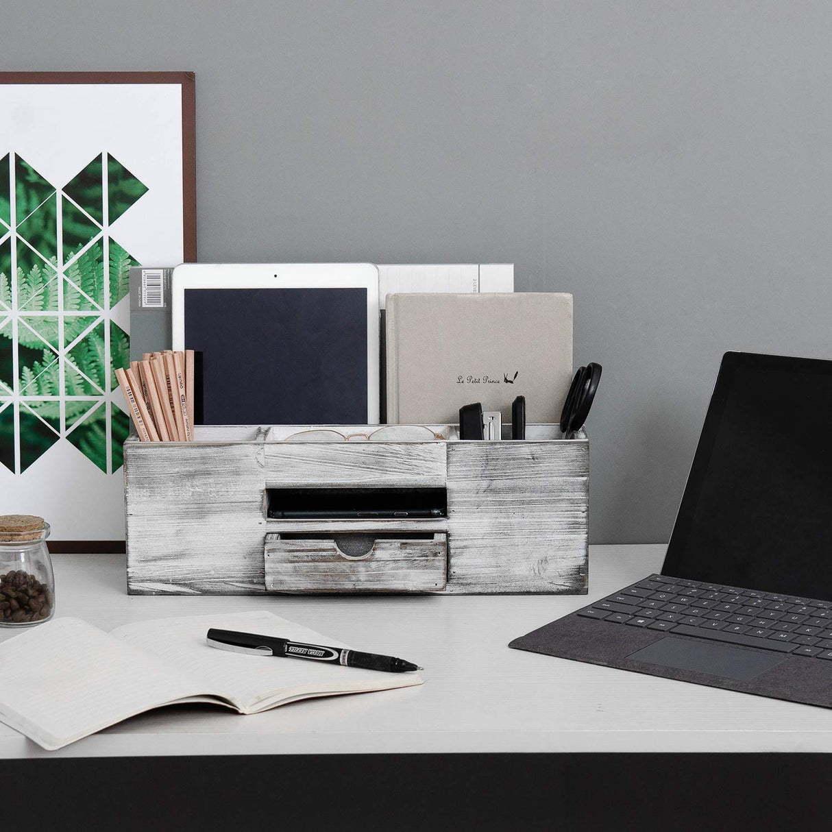 Liry Products Whitewashed Wooden Desktop Organizer Multiple Compartments Rack Shelf Drawer Tabletop Wood Storage Cabinet Office Supplies Caddy Document Stationery Holder Accessory Sorter Vanity Home ExoLiry