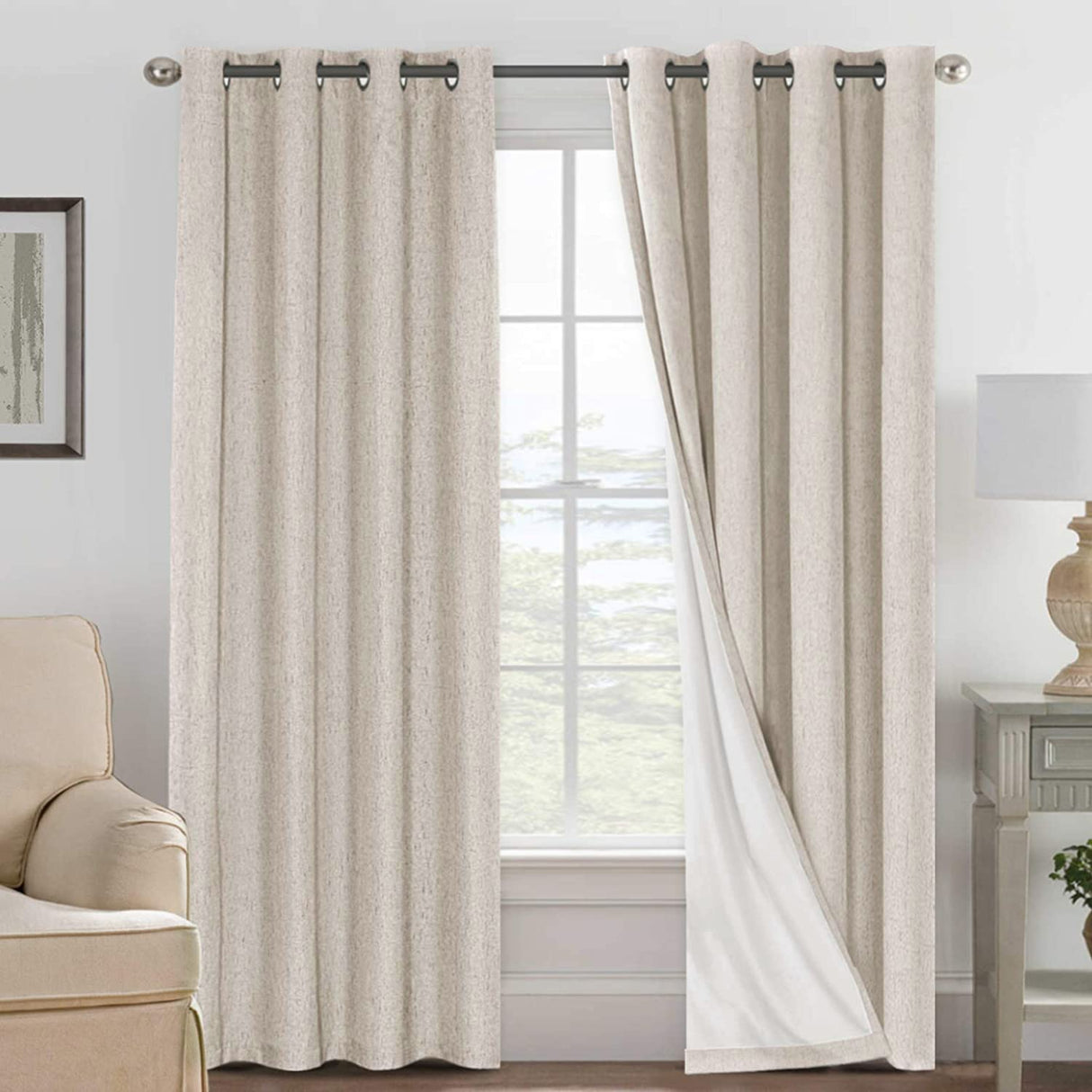 H.VERSAILTEX Blackout Curtains, Linen Curtains 108 inches Long 100% Black Out Curtains for Bedroom Windows, Textured Linen Look Draperies Grommet with White Liner, 2 Panels, Natural H.VERSAILTEX