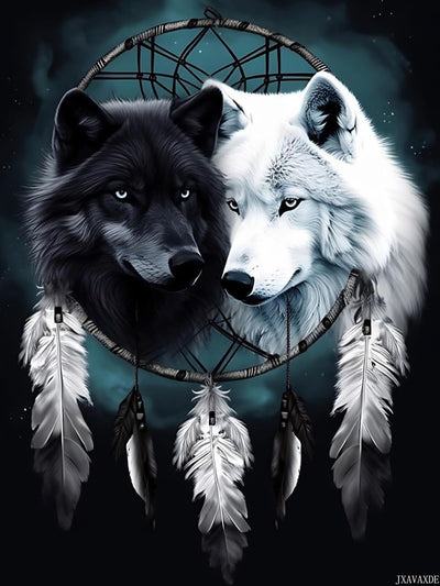JXAVAXDE 5D Dream Catcher Diamond Painting Kits Black White Wolf in Dream Catcher for Adults, DIY Full Drill Crystal Arts and Crafts, Home Wall Decor Gifts 12x16 inch