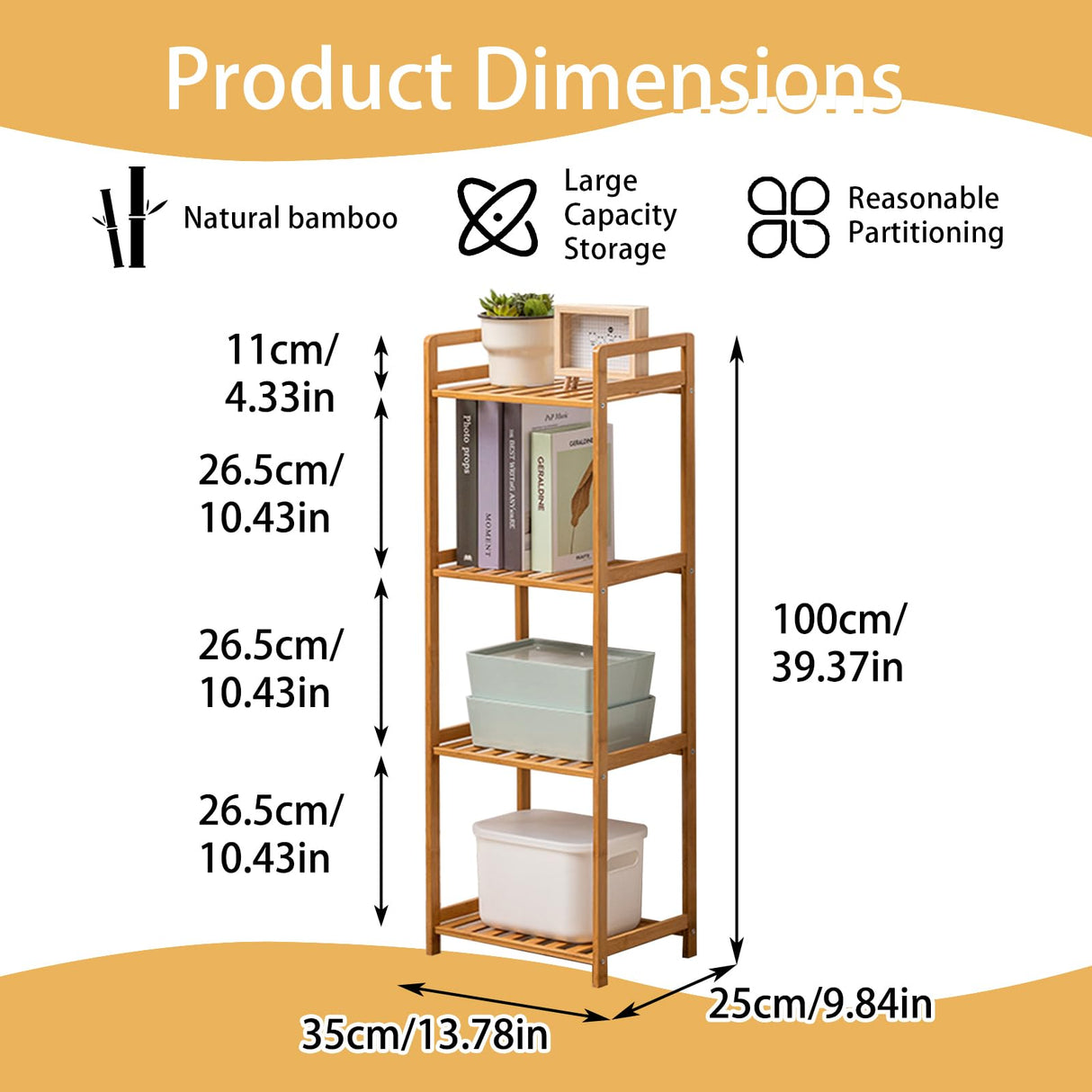 MCBAOB Bamboo Shelf, 4-Tier Bookcase Storage Shelves, Small Book Rack Shelving Unit, Multipurpose Storage Display Shelf for Bathroom Kitchen Living Room Office, 25W x 35D x 100H (4-Tier Natural) MCBAOB