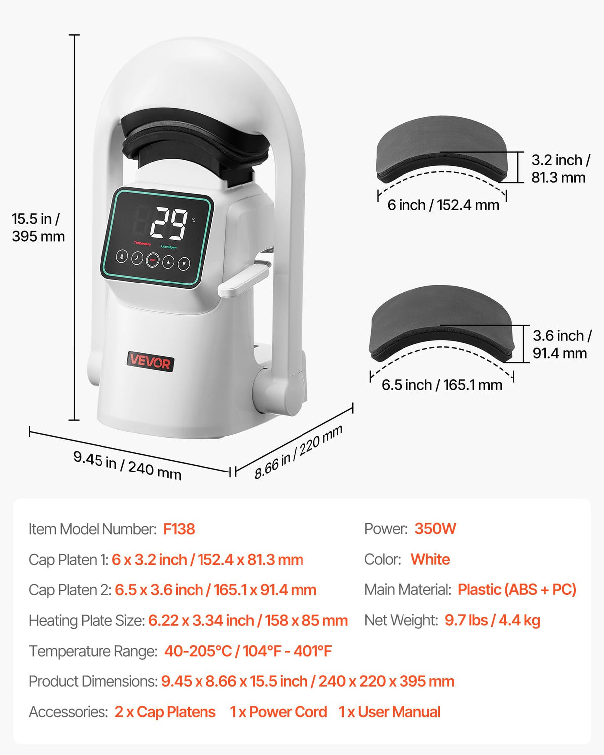 VEVOR Auto Hat Heat Press Machine, with 2pcs Interchangeable Platens, Automatic Open and Release, Touchscreen for Precise Time and Temperature Control, Heat Transfer Printing for Caps, Hats, White VEVOR