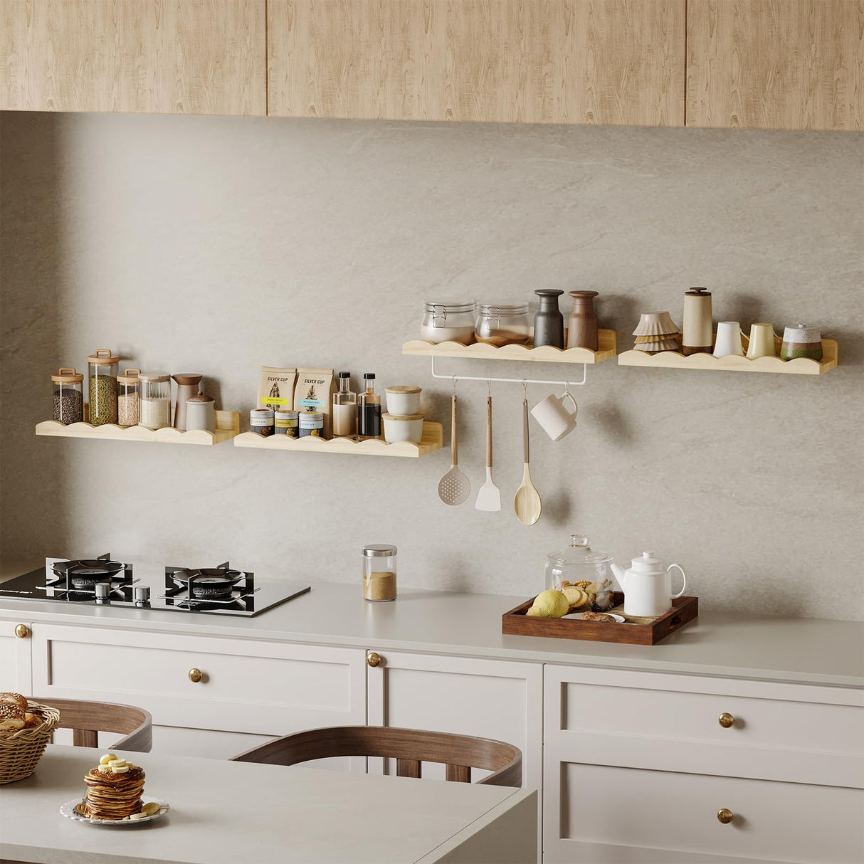 Fixwal Nursery Book Shelves, 16.5 Inch Floating Bookshelves for Wall Set of 4, Scalloped Wall Book Shelves with Towel Rack for Kids, Toddler Room, Baby Room, Nursery Decor and Storage(Natural Wood) Fixwal