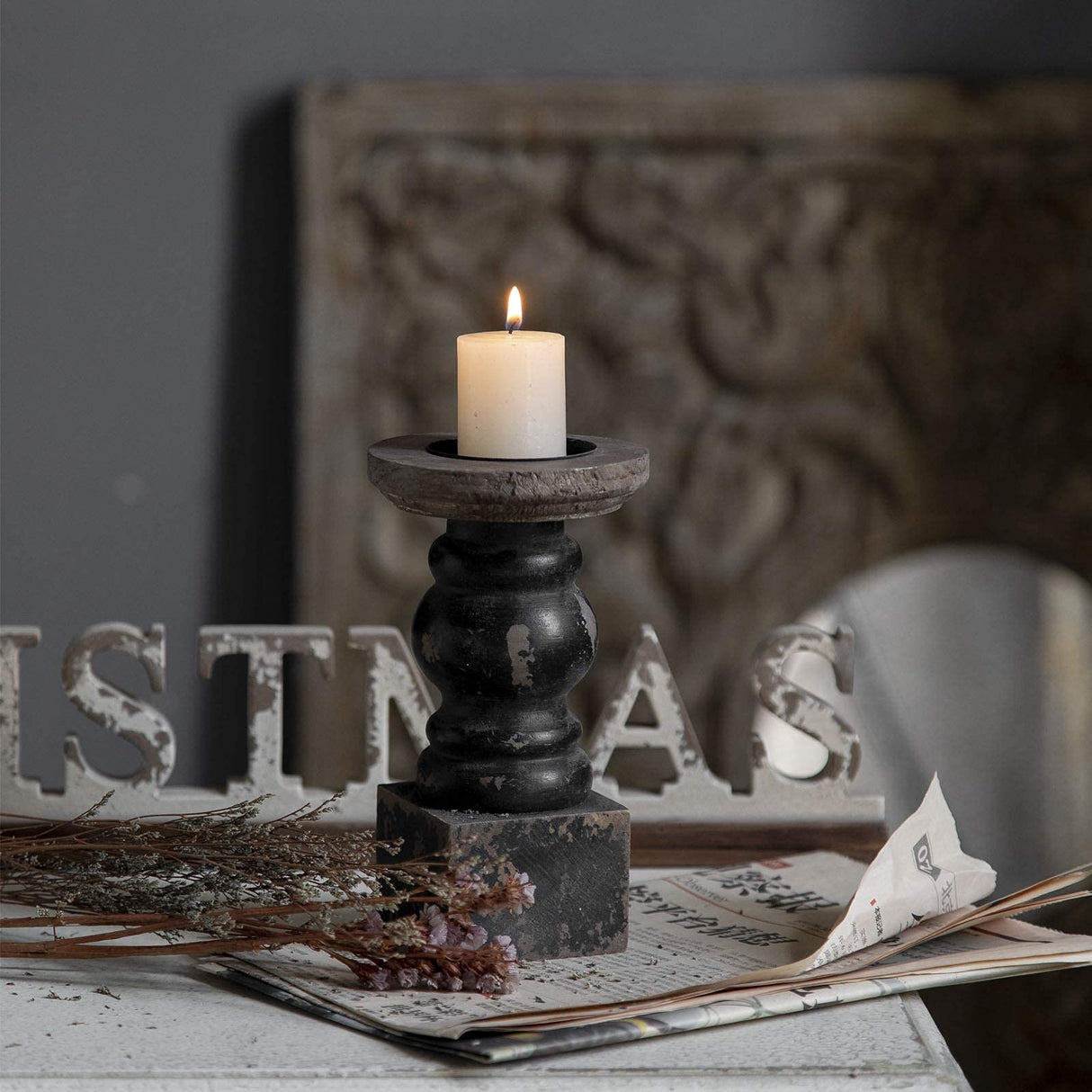Wooden Black Candle Holder, Decorative Candle Holders for Table, Rustic Pillar Candle Holder, Table Centerpieces for Dining Room, Shabby Chic Candlestick, Home Decor (3.9" x 3.9" x 7.1") SOFE