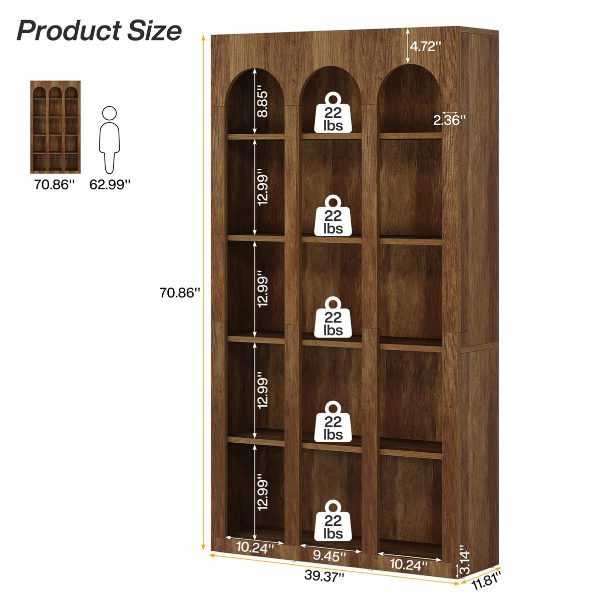 LITTLE TREE 5-Tier Bookshelf, 70.8-in Tall Bookcase with Open Shelves, Wooden Display Bookshelves and Bookcases, Vintage Display Book Shelf for Bedroom, Living Room, Office, Brown LITTLE TREE