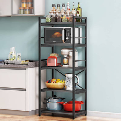 Denkee 5-Tier Bakers Rack for Kitchen with Storage, Industrial Microwave Stand Shelf, Coffee Bar for Small Spaces, Free Standing Kitchen Storage Shelf Rack, 23.62" L x 15.75" W x 60.24" H, Black