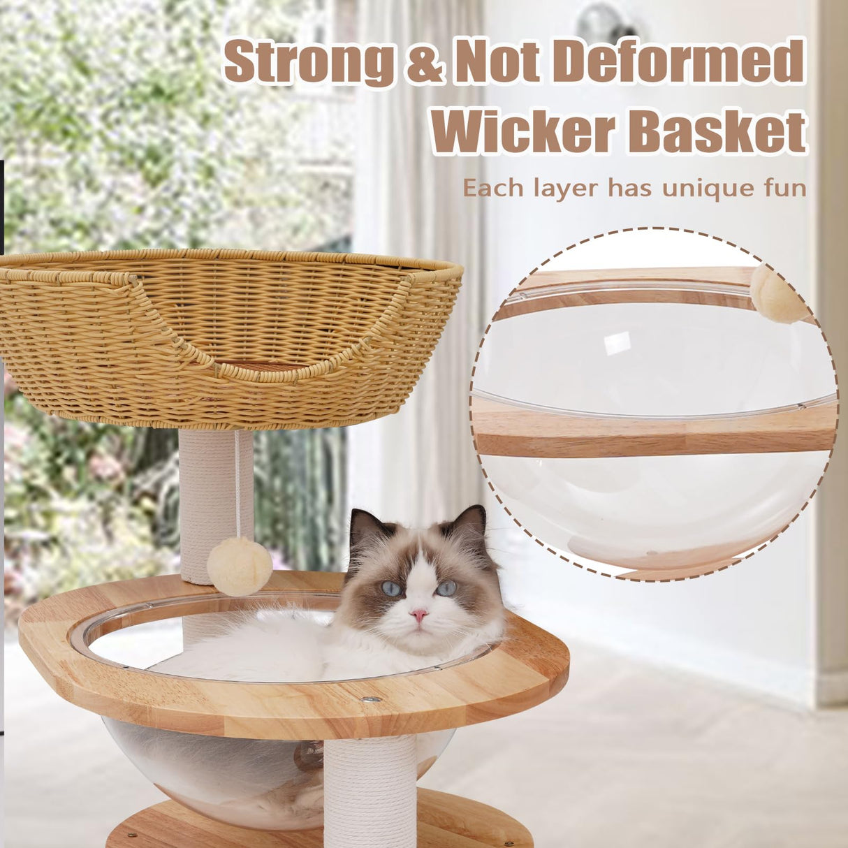 Romiromi Wooden Cat Tower 31",Wooden Cat Tree Heavy Duty Sisal-Covered Scratching Posts for Multi-Layer Cat Tree, Space Capsule Bed Easy to Assemble Romiromi