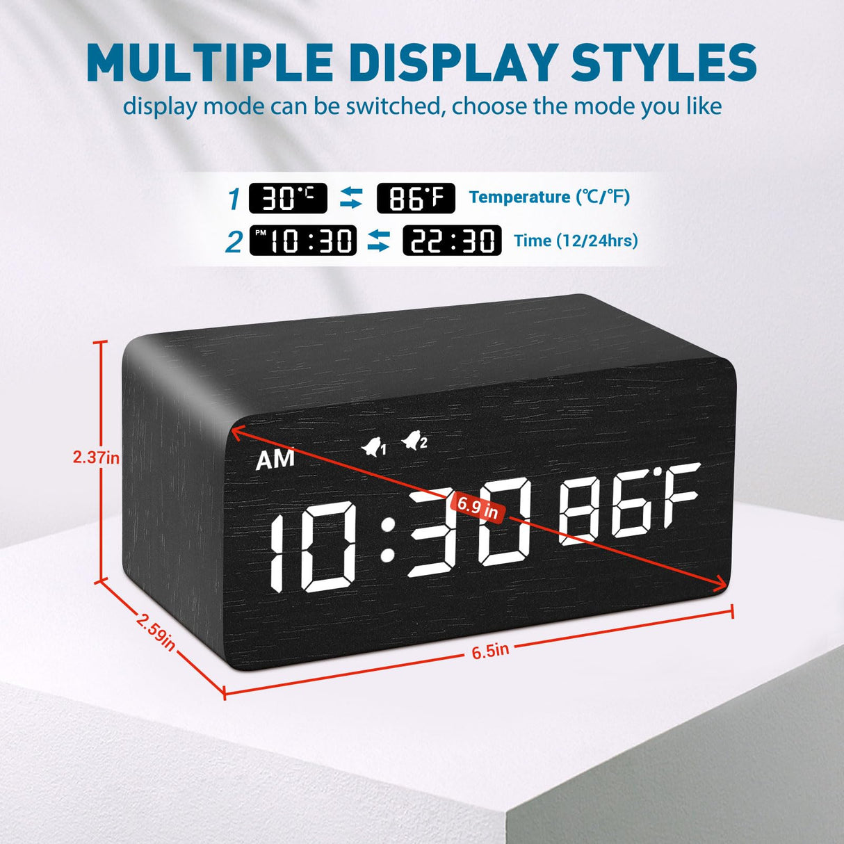 MOSITO Digital Wooden Alarm Clock with Wireless Charging, 0-100% Dimmer, Dual Alarm, Weekday/Weekend Mode, Snooze, Wood LED Clocks for Bedroom, Bedside, Desk, Kids (Black) MOSITO