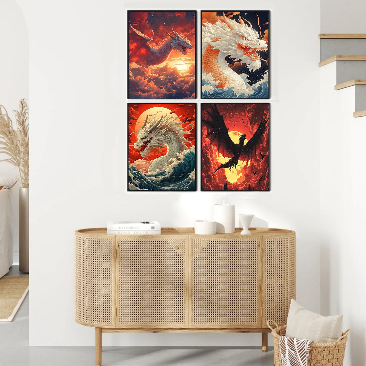 ZXQL Dragon 4 Pack Paint by Numbers Kit for Adults Beginners, 12" Wx16 L Paint by Numbers for Adults Rolled up Canvas for Painting Home Decor Creative Wall Art with Nice Gift Box ZXQL