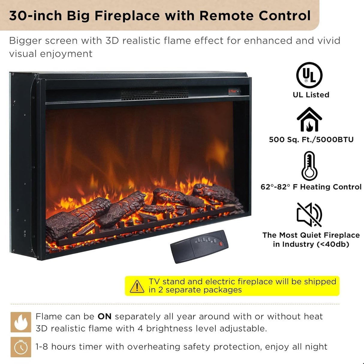 OKD Luxury 70" Fluted Fireplace TV Stand, Modern Chic Entertainment Center for TVs Up to 80 inches, TV Console with Faux Marble Top, Curved Profile Design, Media Console for Living Room, Natural Oak OKD