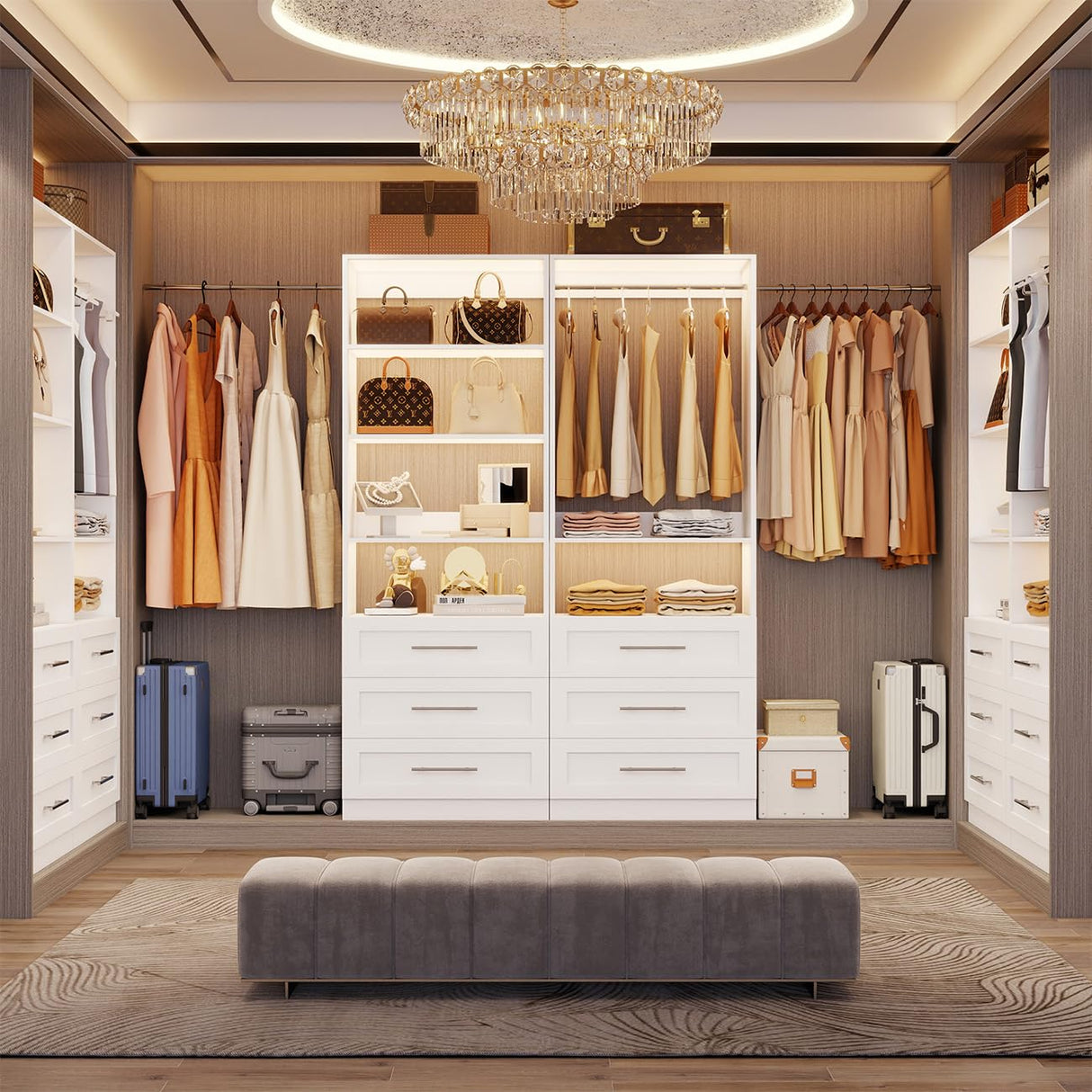 Secilix Closet System with 6 Drawers, 48" Wood Closet Organizer System, Walk-in Closet or Small Closet System with Shelves, Modular Closet Systems with 3 Expandable Hanging Rods, 2 Sets, White (4FT) secilix