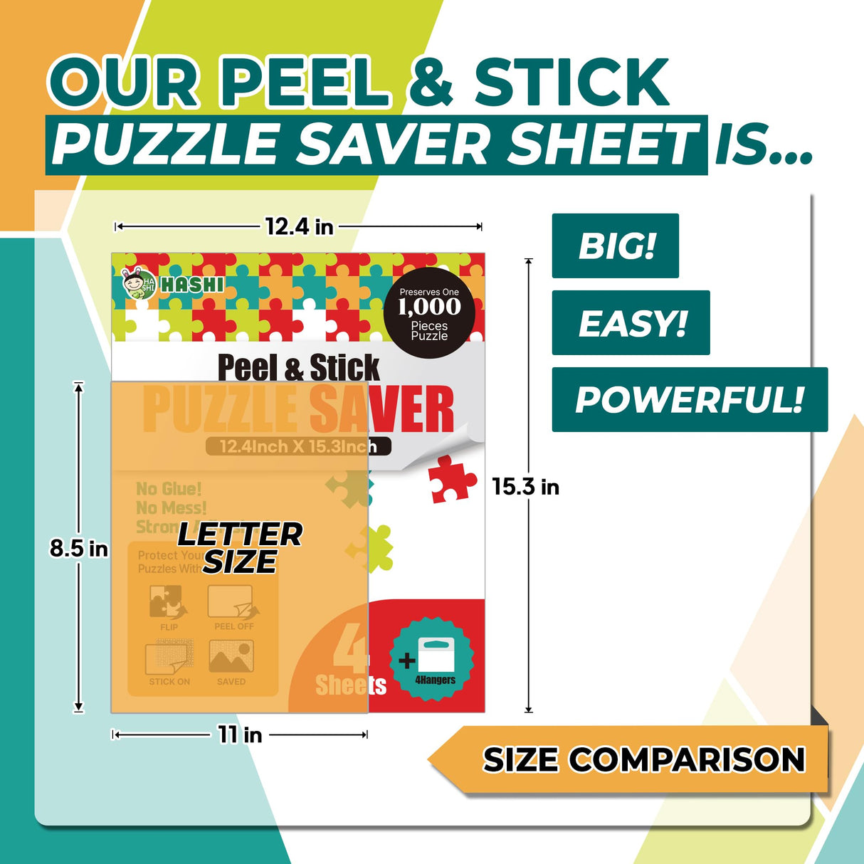 HASHI Puzzle Saver 4 Sheets (12.4 x 15.3 Inches) with 4 Hangers, Easy Peel & Stick, No Mess, Adhesive Backing for Jigsaw Puzzles HA SHI