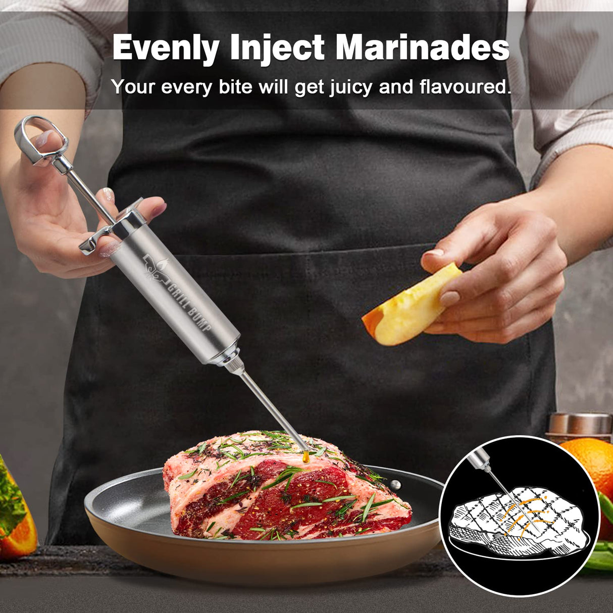 Grill Bump Meat Injector Syringe Kit with 3 Professional Marinade Injector Needles for BBQ Grill Smoker, Turkey and Brisket; 2-oz Large Capacity, Including Paper User Manual, Recipe E-Book (PDF) GRILL BUMP