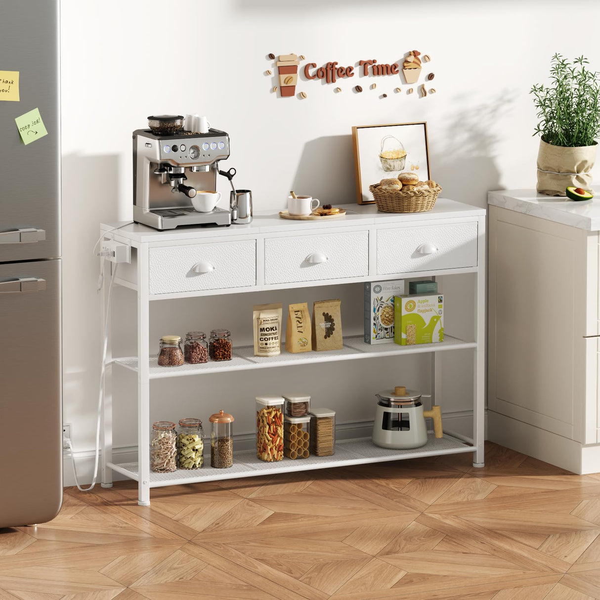 Furologee White Console Table with Charging Station & 3 Fabric Drawers, 38'' Entryway Table with Storage Shelves and LED Light, Industrial Foyer Table for Entry Way, Display Shelf for Hallway Furologee