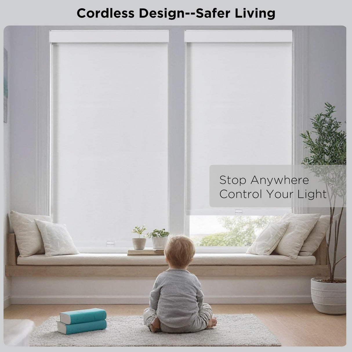 Joydeco 100% Blackout Roller Shades Cordless Blinds for Windows, Free-Stop Shades, UV Protection, Natural Woven Blinds for Home and Office, Light-Proof Aluminum Cover (35" W x 75" H, White) Joydeco