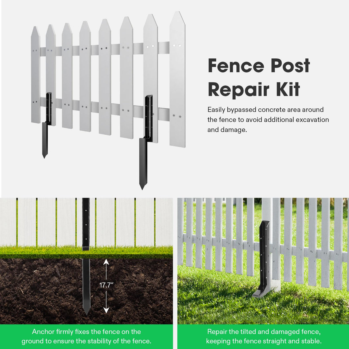 VIVOSUN Fence Post Repair Kit, Heavy-Duty Ground Spike with Gloves for Repairing Tilted or Broken Wood Posts (4 Pack, Black) VIVOSUN