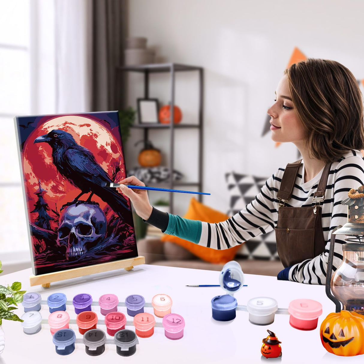 JOOZ Halloween Paint by Numbers Kit for Adults with Frame Skull Paint by Number with Easel Bird Adult Paint by Number Kits DIY Moon Digital Oil Painting Kits for Ideal Gift Home Wall Decor 8x12 Inch JOOZ