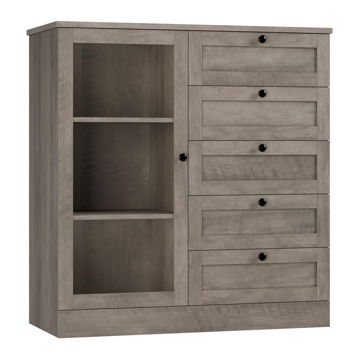 HOSTACK 5 Drawer Dresser with Door, Storage Cabinet with Drawers and Shelves, Wide Wood Dresser, Modern Chest of Drawers Organizers for Living Room, Kitchen, Hallway HOSTACK