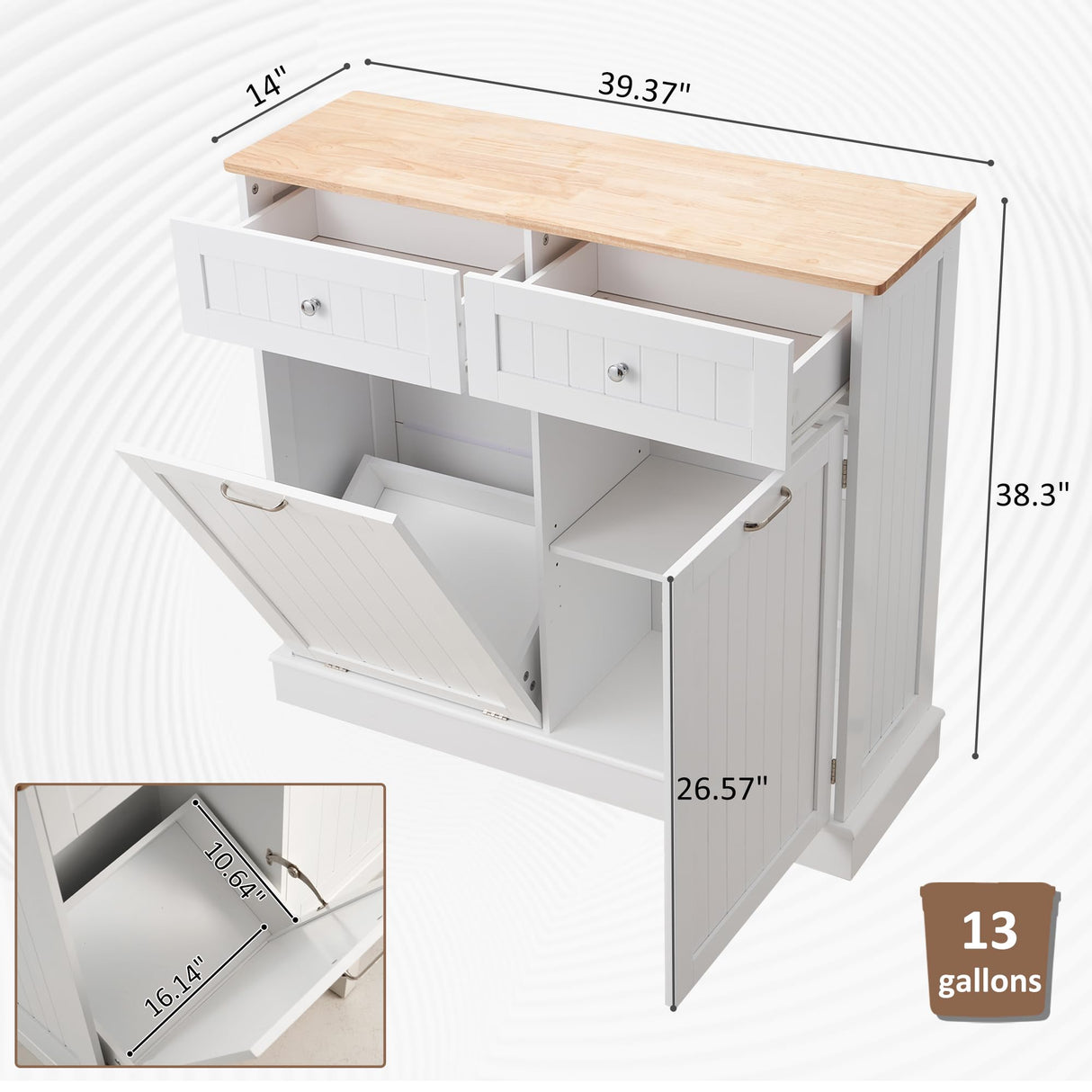 AHB 13 Gallons Tilt Out Trash Cabinet Kitchen Trash Bin Cabinet Free Standing Recycling Trash Can Cabinet with Hideaway Drawers Pet Proof Trash Can Holder for Kitchen Living Room, White AHB